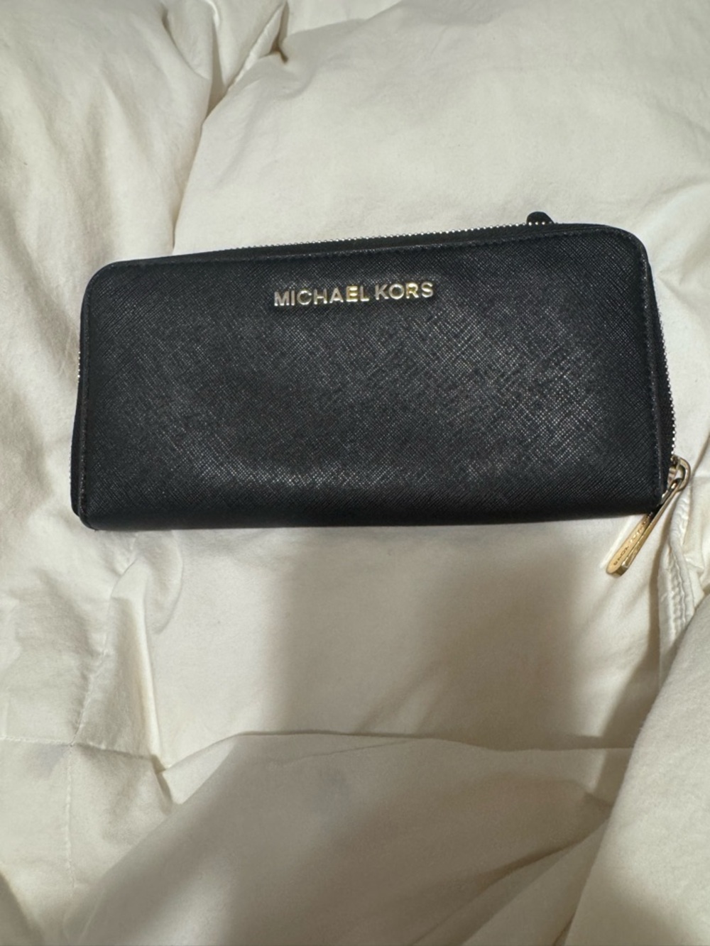 Michael Kors Black Saffiano Zip Around Wallet with Gold Hardware